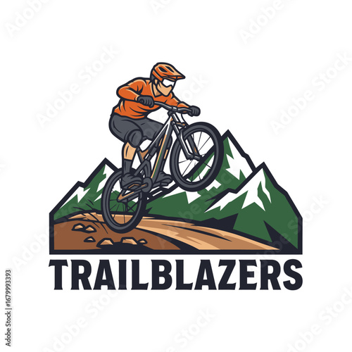 A cyclist jumps on a mountain bike, showcasing an adventurous spirit against a mountain backdrop.  Trailblazers logo.