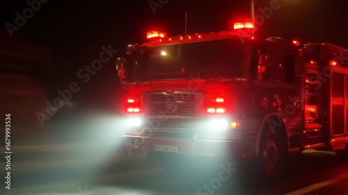 Fire truck responding at night with flashing lights