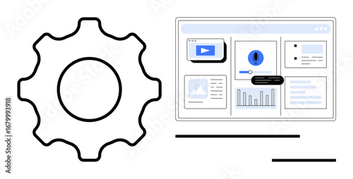 Large gear alongside a dashboard view with graphs, media, and interface elements. Ideal for settings, software, data analysis, website design, user interface, operations simple flat metaphor