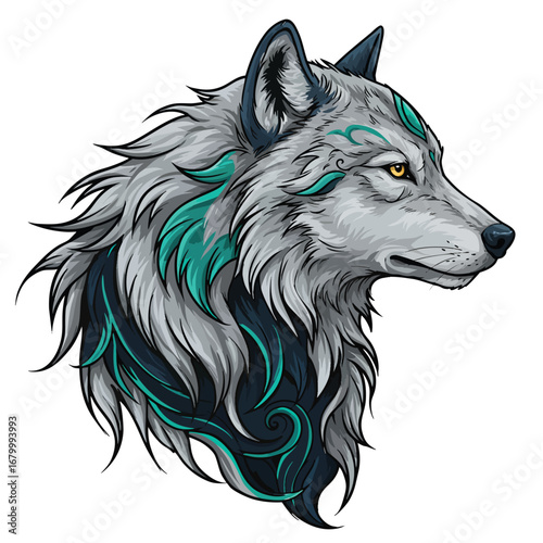 Stylized illustration of a gray wolf head in profile with intricate teal fantasy markings on its fur.