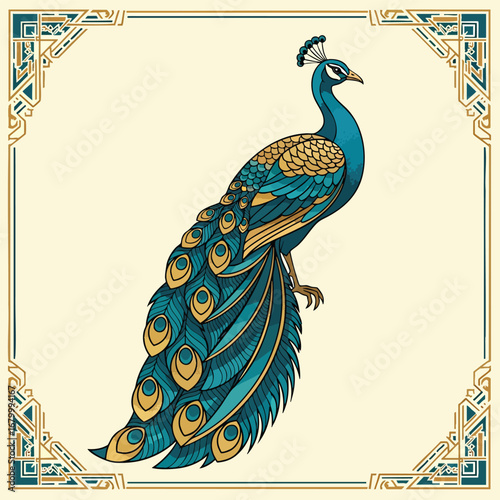 Stylized illustration of a majestic blue and gold peacock with an ornate tail.