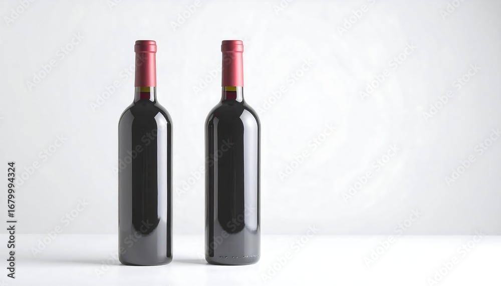 Two red wine bottles on a white surface. Elegant, simple presentation Two red wine bottles on a white surface. Elegant, simple presentation