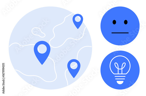 Globe with geolocation pins, neutral face, and light bulb icons representing location, emotions, and ideas. Ideal for navigation, innovation, education, global insight simplicity inspiration