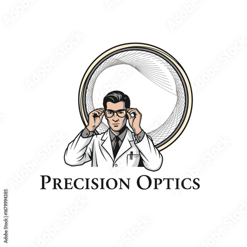 Precision Optics logo featuring an optometrist.