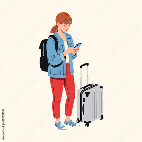Young female traveler with a backpack and rolling suitcase looking at her smartphone.