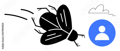 Large fly in motion with bold lines, small cloud overhead, and circular profile icon. Ideal for concepts thumbs up distraction, irritation, pest, environment, identity, minimalism and simplicity