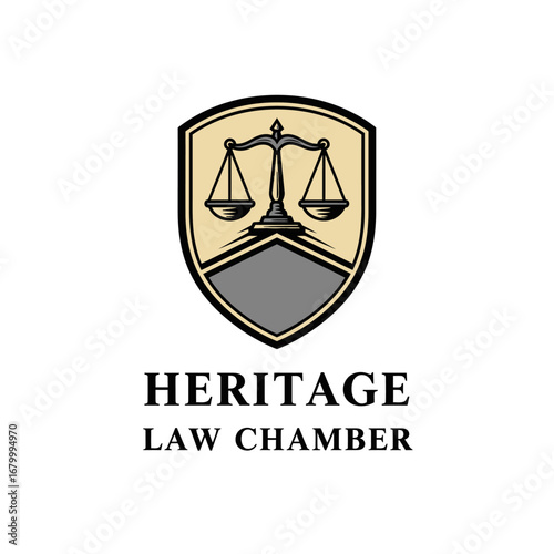 A logo for Heritage Law Chamber featuring scales of justice on a shield.