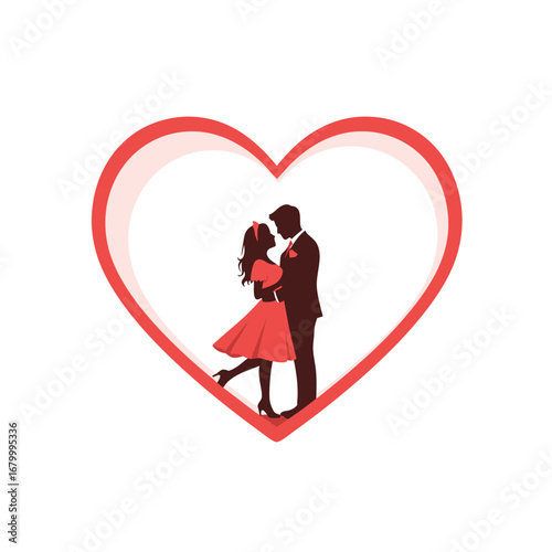 Romantic couple silhouette inside red heart frame symbolizing Valentine’s Day love and relationship