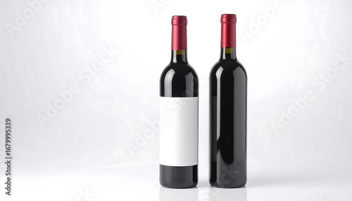 Two red wine bottles with blank labels.  Studio shot