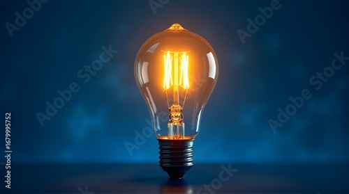 Glowing lightbulb illuminating new ideas and solutions for innovative business concepts on blue backdrop