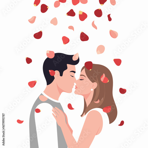 Romantic couple kissing surrounded by red hearts symbolizing Valentine’s Day love