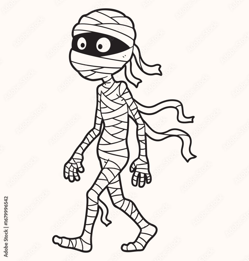 Fototapeta premium A vector black-and-white mummy character walking, wrapped in bandages, for Halloween or ancient Egypt themes