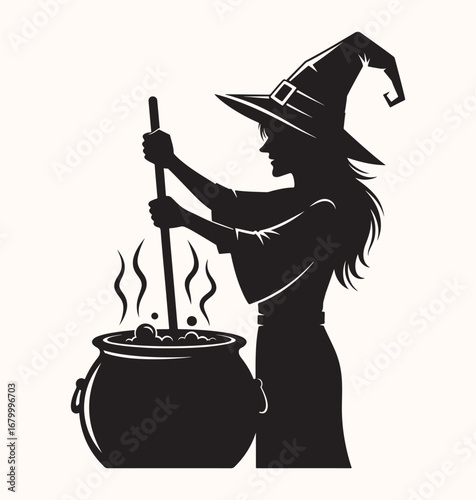 A vector silhouette of a young witch in a pointed hat stirring a bubbling cauldron.