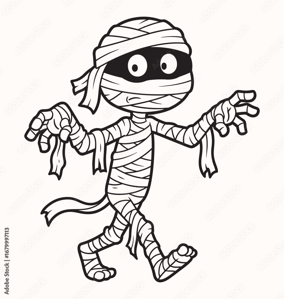 Obraz premium A stylized, black-and-white cartoon of a walking mummy with a slightly confused expression..e