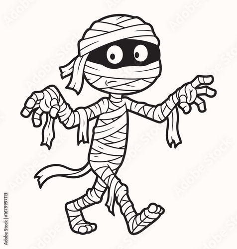 A stylized, black-and-white cartoon of a walking mummy with a slightly confused expression..e