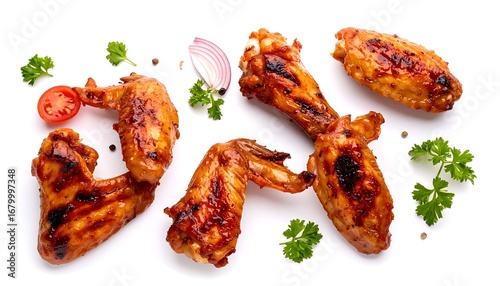 Roasted chicken wings arranged on a white background with garnishes