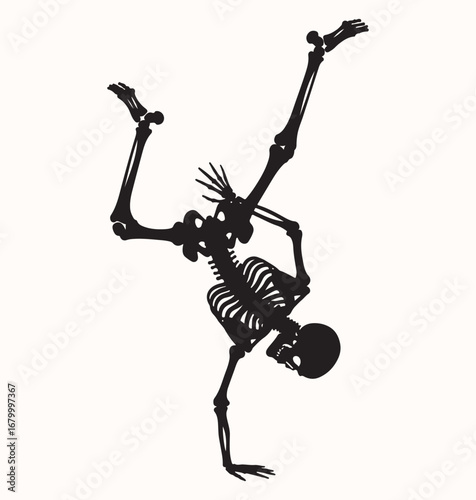 A stylized silhouette of a cheerful skeleton doing a breakdancing handstand
