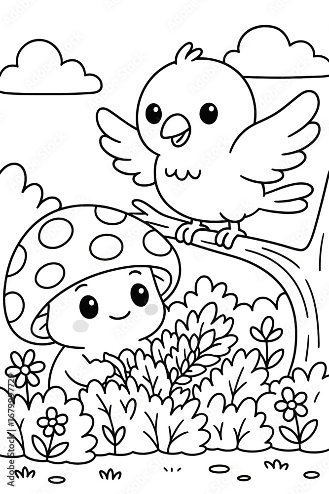 Fototapeta premium Cute bird perched on a branch near a mushroom in a whimsical forest scene