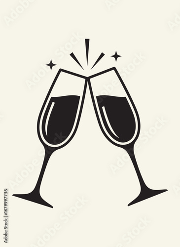 A silhouette of two champagne glasses clinking together, with sparkling stars above them