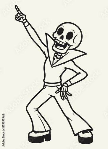 A line drawing of a dancing skeleton in a disco pose, with a wide-collared shirt and platform shoes