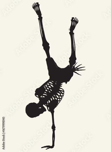 A high-contrast silhouette of a skeleton doing a detailed handstand on a white background