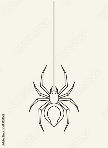 A line art drawing of a black and white spider hanging from a single thread