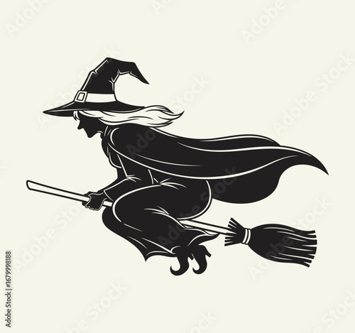 : A silhouette of a witch riding a broomstick, with a flowing cape and hat.