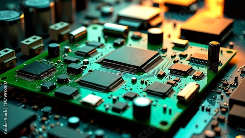 Deconstructed green circuit board with components