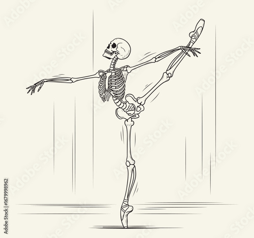 A detailed black-and-white line drawing of a skeleton doing a ballet pose en pointe