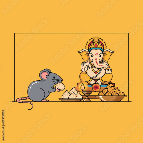 A cute cartoon illustration of the Hindu god Lord Ganesha with his mouse vehicle eating sweet offerings like modak and ladoo.