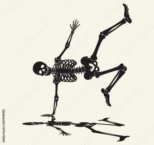 A dark silhouette of a happy skeleton doing a breakdancing handstand
