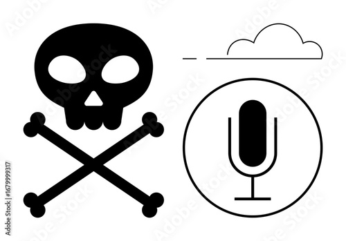 Skull and crossbones beside a microphone icon under a minimal cloud. Ideal for cybersecurity, podcast, warning, digital ethics, online safety, hacking threats, simple landing page