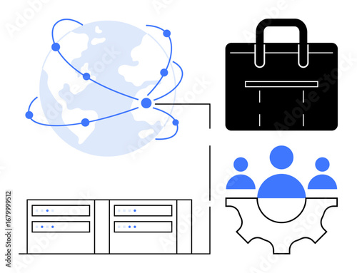 Global network connected to servers, business briefcase, and teamwork in a gear. Ideal for technology, business, collaboration, networking, leadership global reach data management. Engaging simple