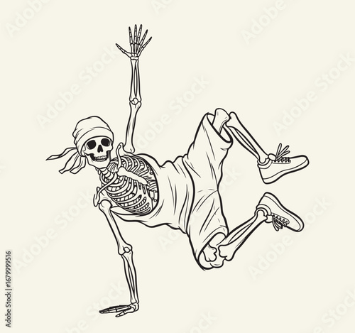 A cartoon line drawing of a skeleton in shorts and a bandana doing a handstand