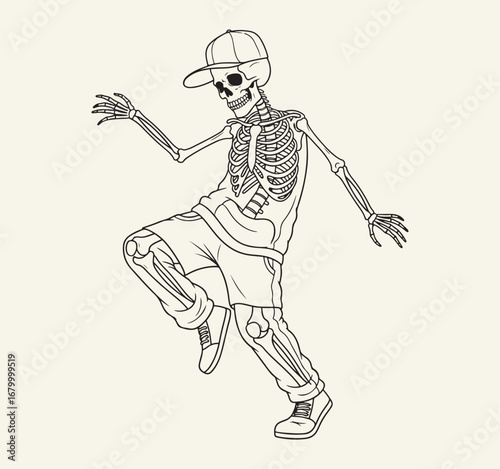 A cartoon skeleton is dancing while wearing a sideways baseball cap, baggy shorts, and sneakers