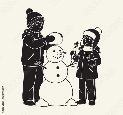 A brother and sister putting the finishing touches on a snowman