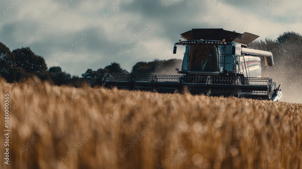 Fototapeta premium Medium shot showcasing a combine harvesters grain tank filling with harvested crops the equipment crisp and clear while the surrounding field remains softly blurred