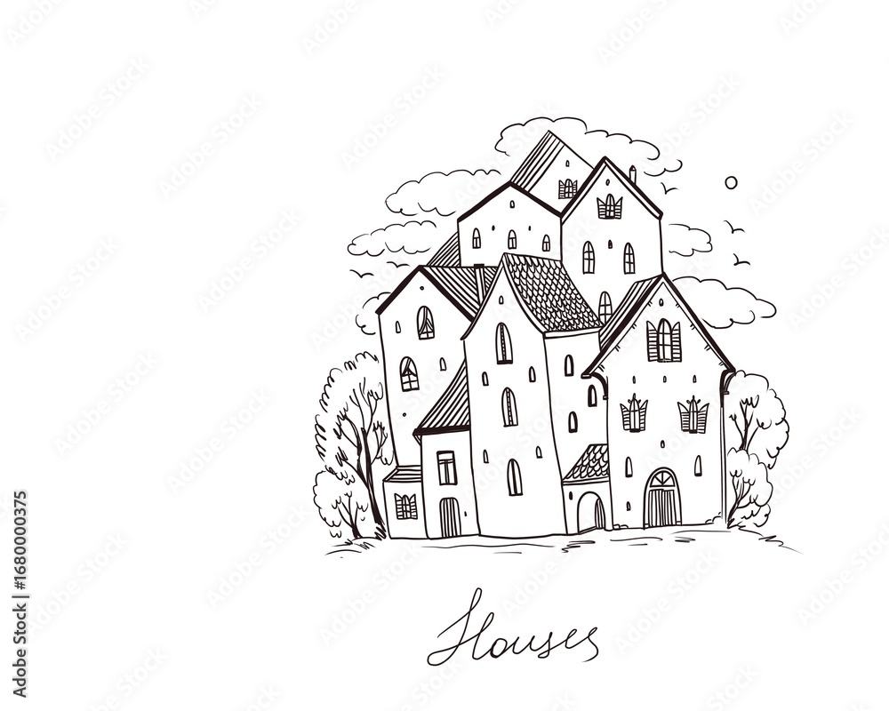 Fototapeta premium Fantasy illustration of classic vintage village houses, beautiful rural style, sketch on white background 