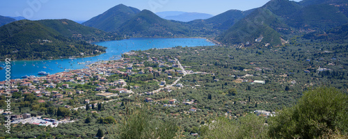 Town of Nydri, Lefkada in Greece as seen from above during a sunny day