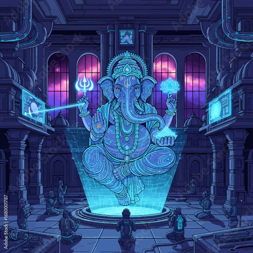 Devotees worship a giant, glowing blue hologram of the Hindu deity Ganesha in a futuristic temple.