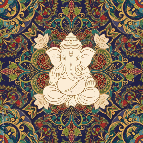 Intricate illustration of the Hindu deity Ganesha meditating on a colorful paisley and floral patterned background.