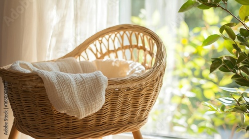 A cozy, wicker bassinet with a white blanket and a soft toy, placed by a window with green plants, against a white curtain backdrop, with a soft