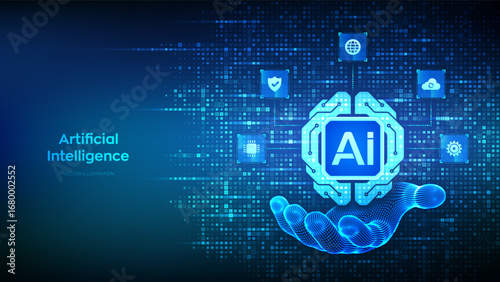 Digital brain icon made with binary code in hand. Artificial Intelligence technology concept. Neural network. Machine learning. Big data. Binary code background with digits 1.0. Vector illustration.