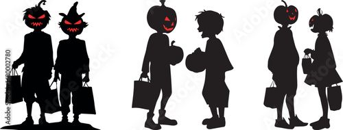 Halloween silhouettes of kids trick or treating with pumpkin heads and shopping bags for spooky season fun