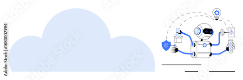 Robot managing multitasking activities, connected to cloud storage. Ideal for technology, AI, automation, innovation, business operations, efficiency and futuristic concepts. Simple flat metaphor