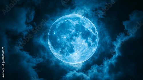 Enchanting Blue Moon Rising Through Cloudy Night Sky  Mystical Celestial Display.