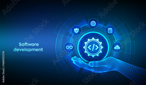 Software development practices methodology. Devops. Agile development optimization concept. Software engineering. Software development icon in wireframe hand. Vector illustration.