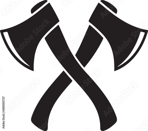 Crossed black axes with sharp blades and wooden handles vector