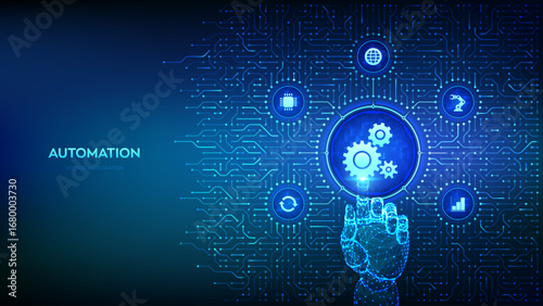 Robotic Process Automation software. RPA. IOT and Automation technology concept. Smart industry. Background with circuit board connections and tech icons. Hand pressing button. Vector Illustration.