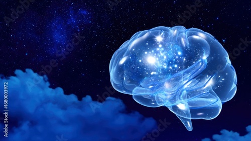 Translucent brain with dream bubbles containing galaxies under a starry night sky.
